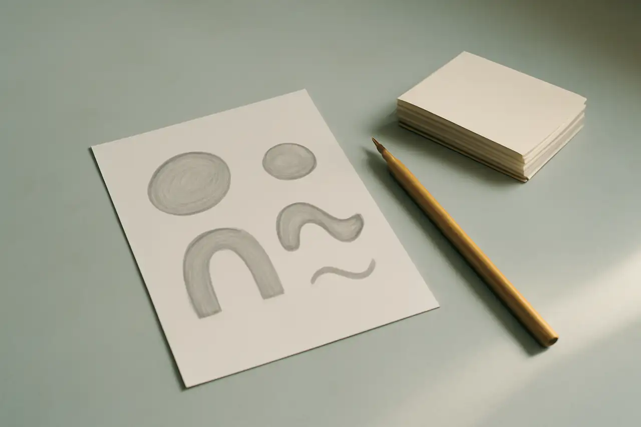Bureau met papier, potlood en blanco kaartjes bij daglicht